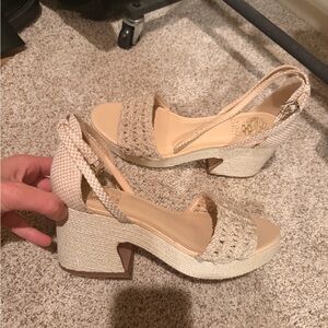 Vince Camuto braided woven thick block sandal heels cream color
